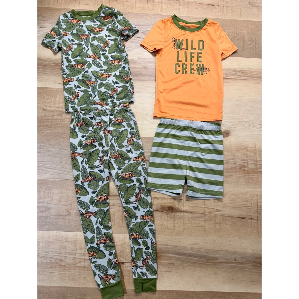 Cozy Jams Kids 4 Piece Pajama Set Tiger Jungle Wild Life Crew Orange Green 5T